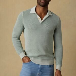 Faherty Long Sleeve Sunwashed Sea Break Polo Sweater M NEW Green Waffle Knit Top